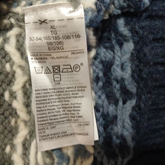 GAP Men's XL Fairisle Crew Heather Grey Acrylic/Wool Grey/Blue/White Sweater - Picture 10 of 10